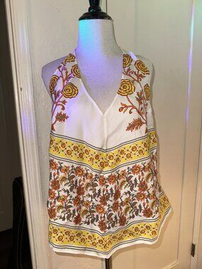 Open-back halter top in sunset rose block print womens LARGE